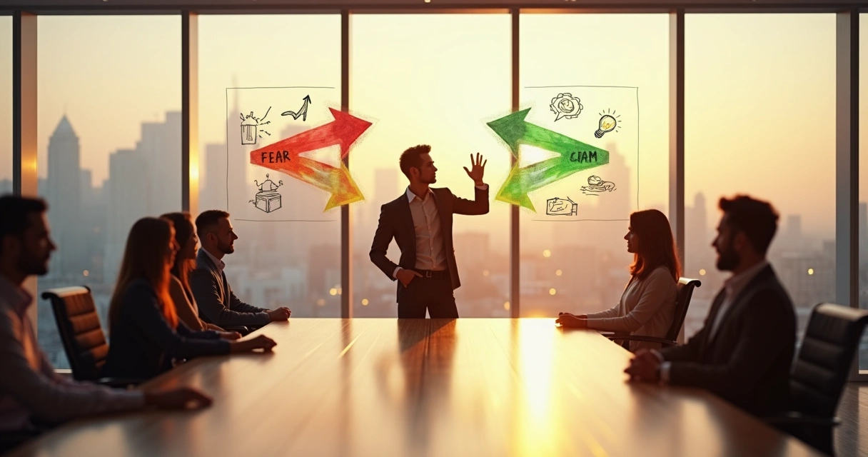 Líder em reunião olhando para quadro com setas opostas representando decisão difícil 