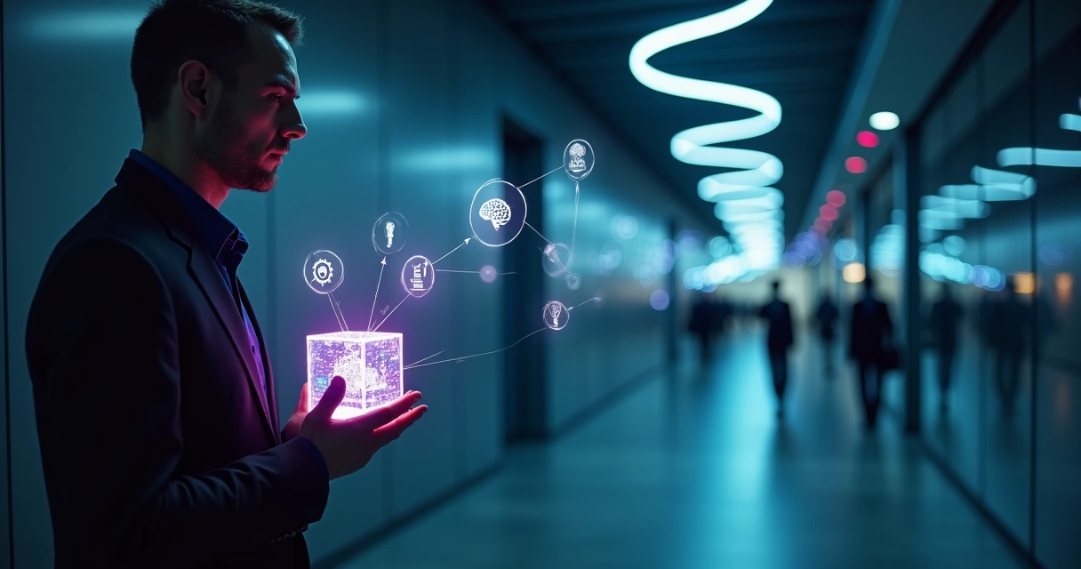 Líder segura cubo luminoso conectado a rede de ícones de IA ao fundo 