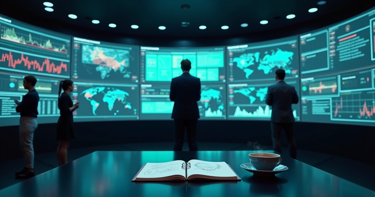 Líder em sala de crise observando painel de controle com alertas e indicadores 