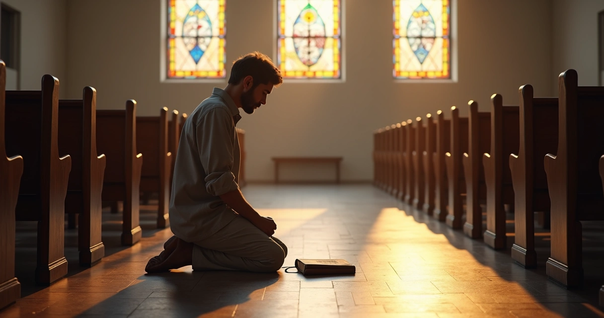 Líder cristão ajoelhado orando em igreja vazia 