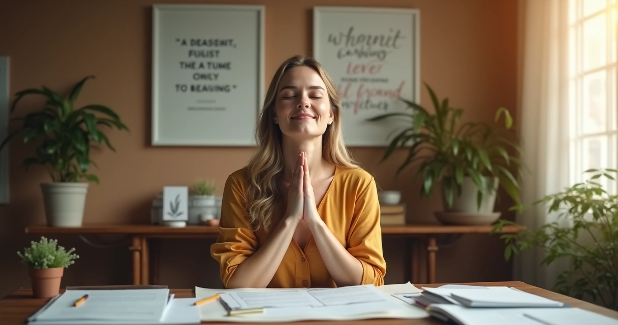 Pessoa sentada em uma sala tranquila, com papéis de trabalho, respirando fundo 