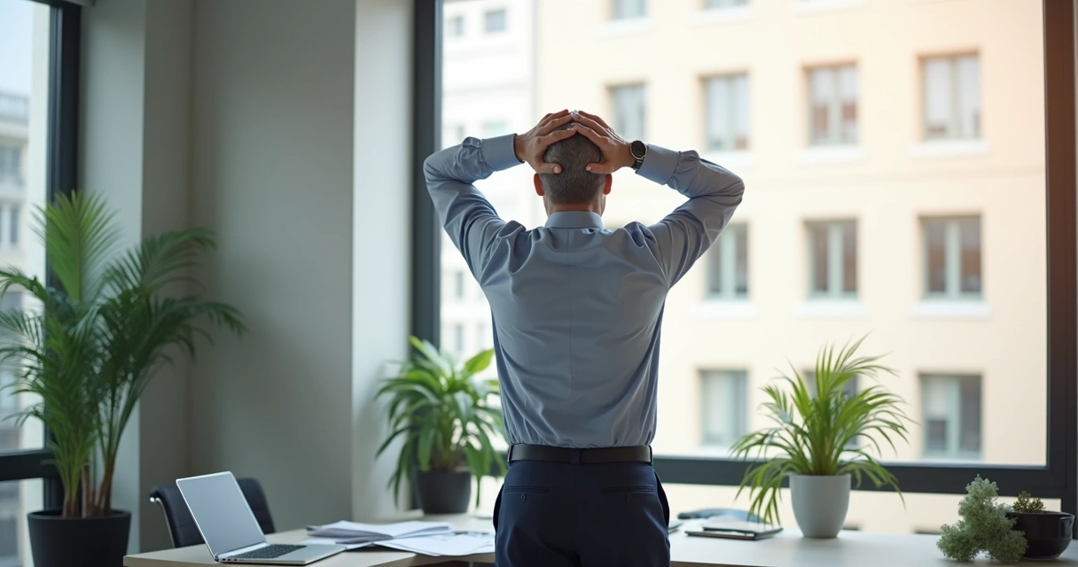 Líder fazendo pausa para alongamento em ambiente de escritório 