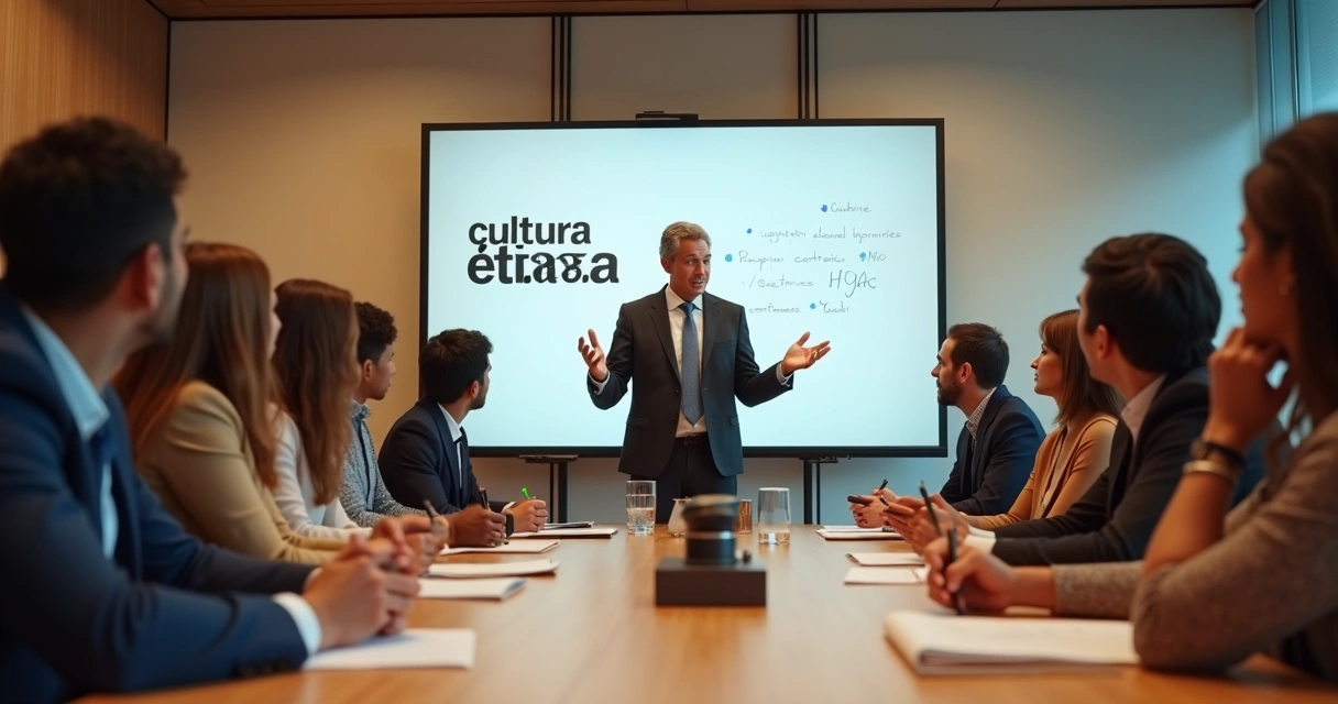 Líder promovendo a cultura ética em uma reunião com a equipe 