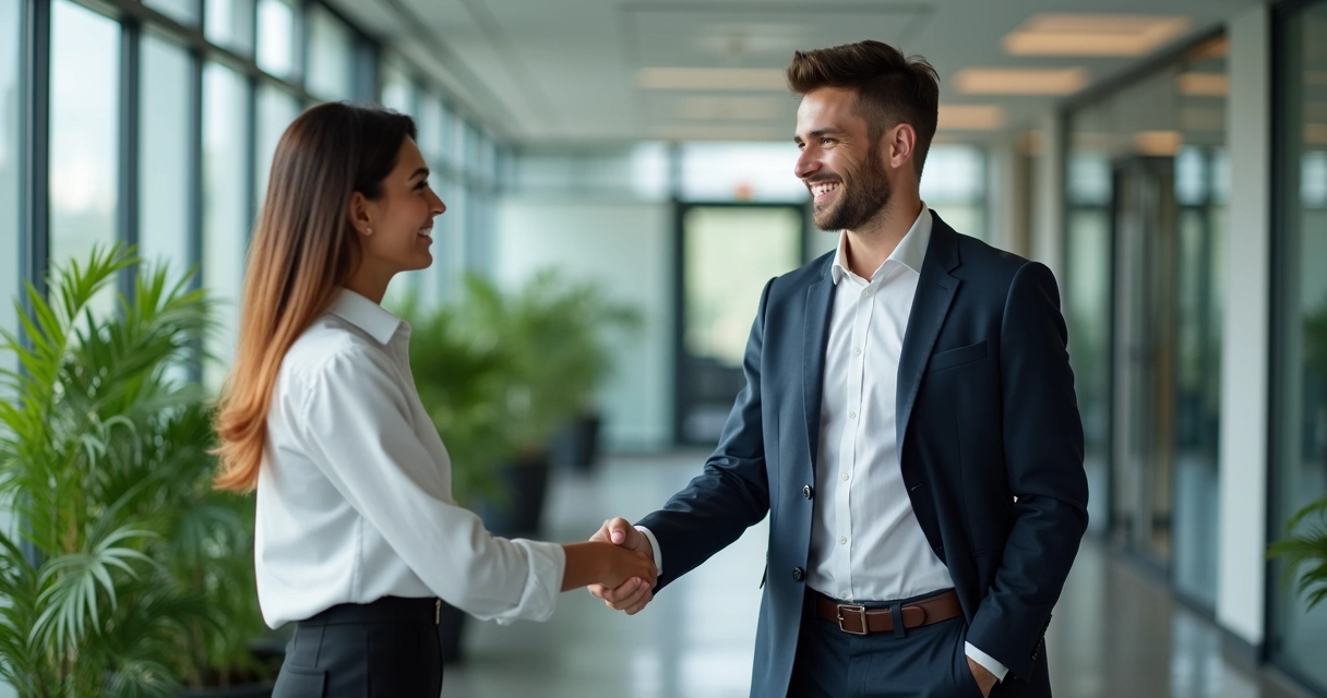 Líder cumprimentando colaborador após conversa em escritório moderno 