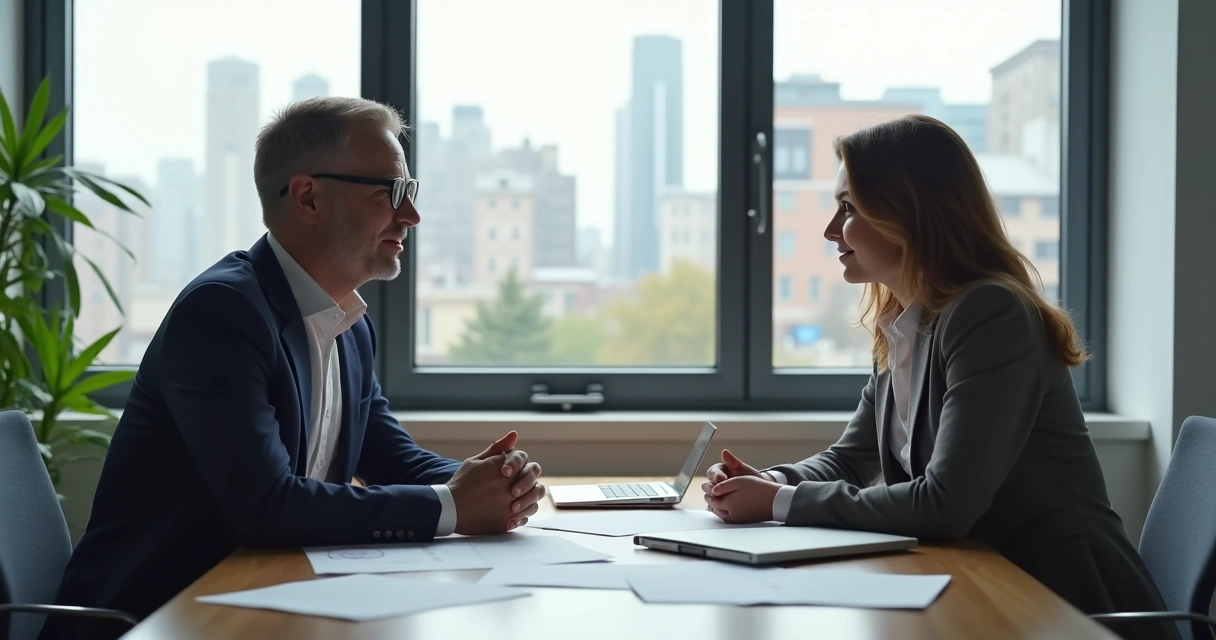 Líder apoyando a colaborador individualmente en oficina moderna