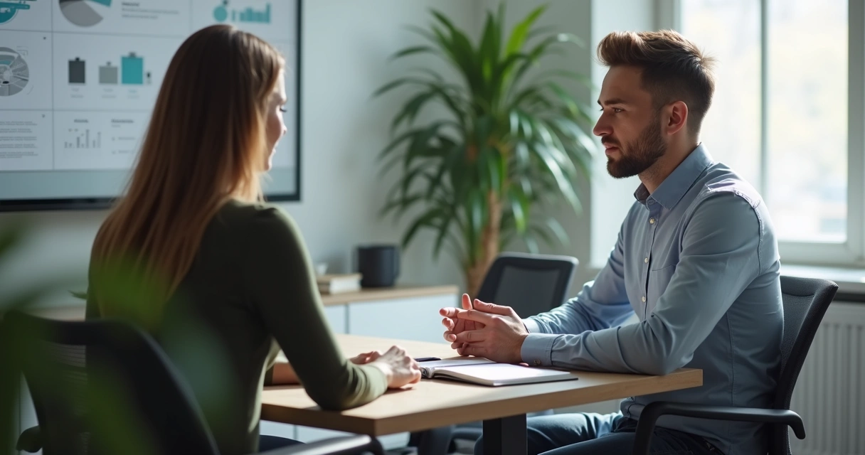 Líder conversando positivamente com colaborador durante reunião 