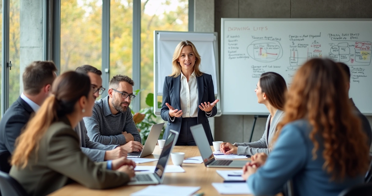Líder de equipe inspirando colaboradores durante reunião 