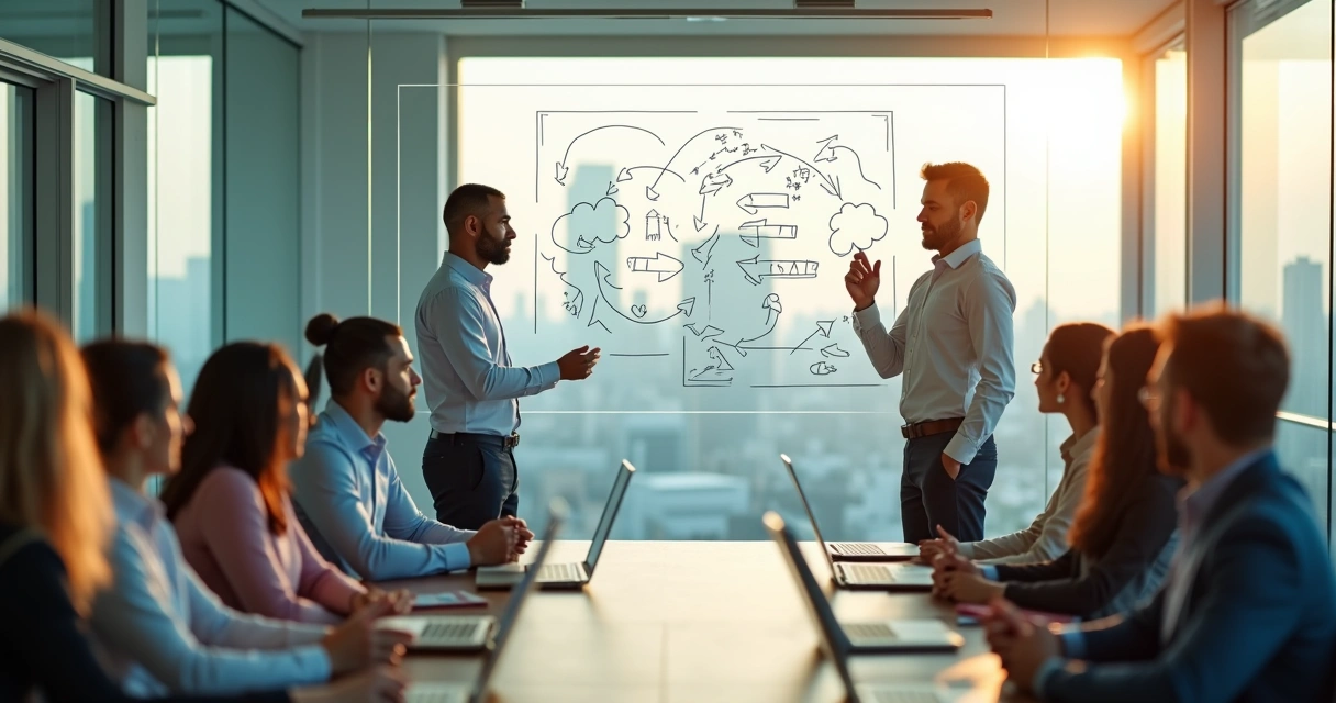 Líder em reunião refletindo diante de quadro com setas e gráficos 