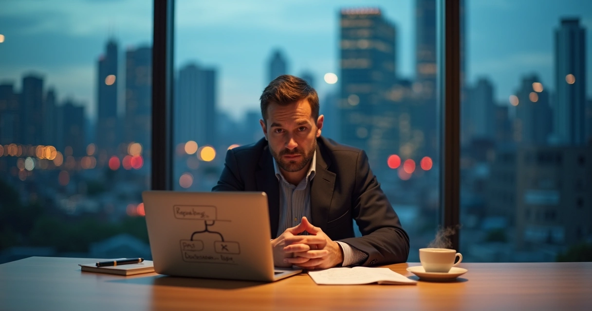 Líder sentado avaliando decisão crítica com expressão calma e focada 