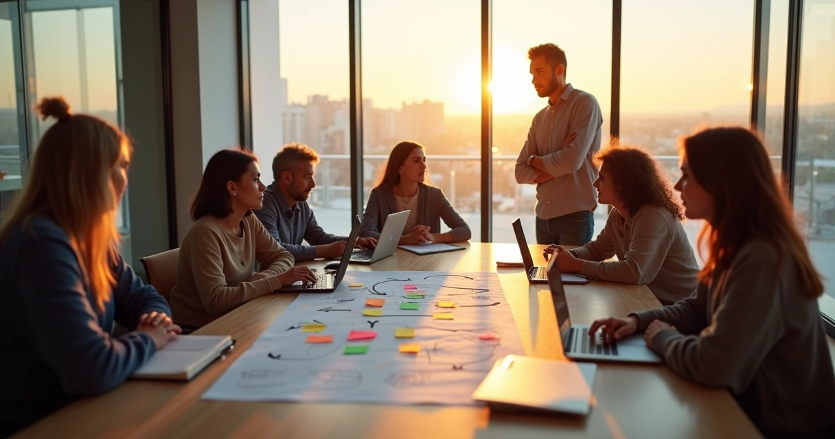 Líder observando equipe em reunião antes de tomar decisão complexa 
