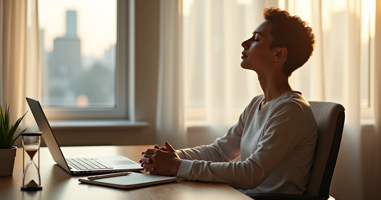 Pessoa sentada em escritório calmo refletindo antes de tomar decisão 