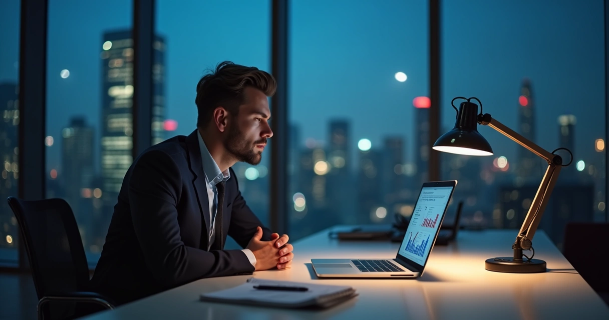 Executivo sentado diante do laptop respirando fundo antes de decidir sob pressão 