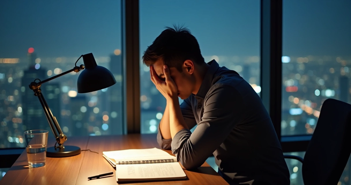 Pessoa sentada em frente a grande janela da cidade refletindo antes de tomar decisão importante 