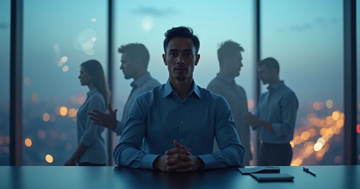 Pessoa pensativa diante de múltiplos caminhos em um ambiente corporativo moderno 