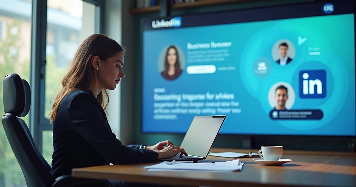 Líder empresarial usando notebook, com perfis do LinkedIn abertos ao fundo 