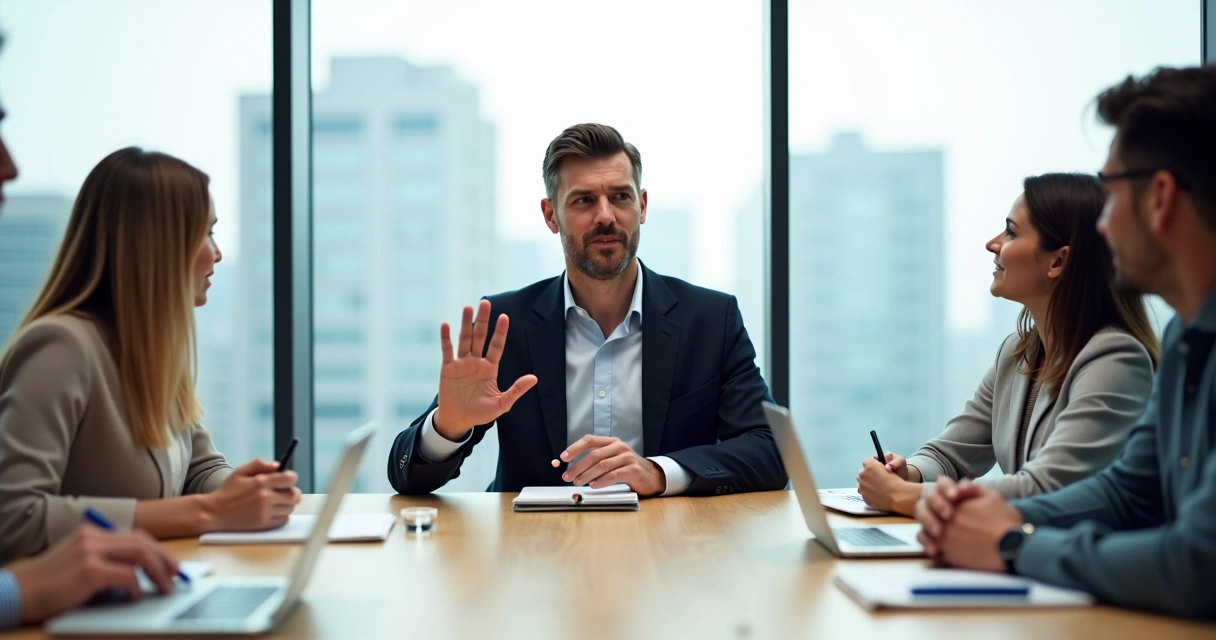 Líder sentado à mesa gesticulando com firmeza e calma enquanto estabelece limites em reunião 