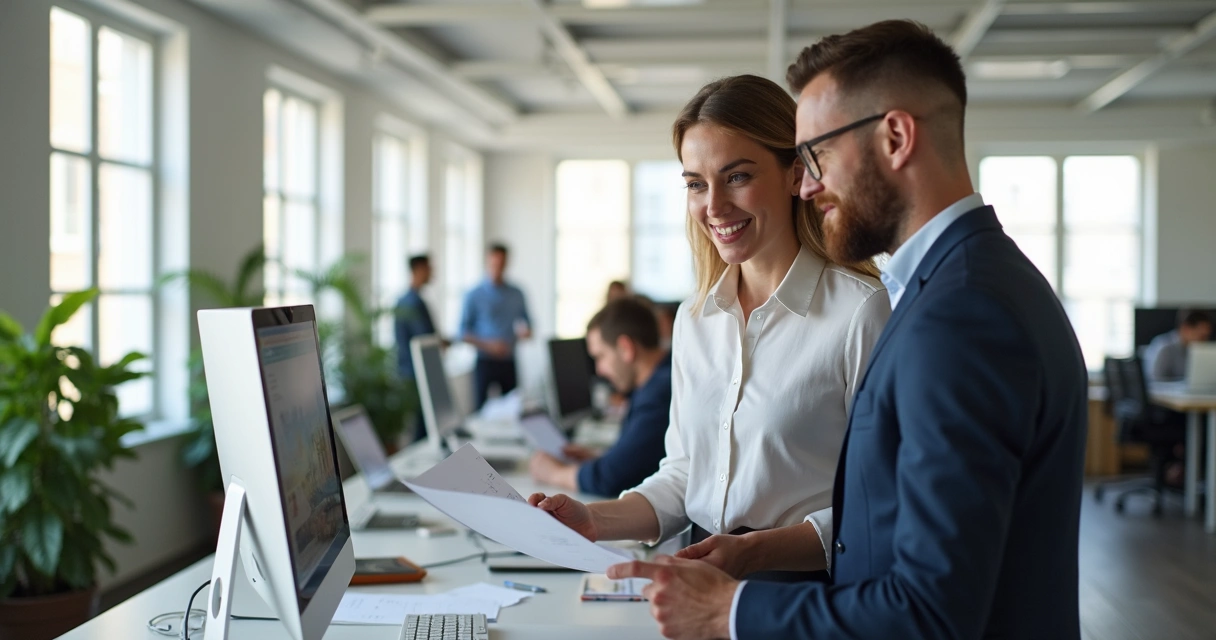 Líder orientando um membro da equipe em um escritório, ambos olhando para papéis e computador, ambiente claro e colaborativo 