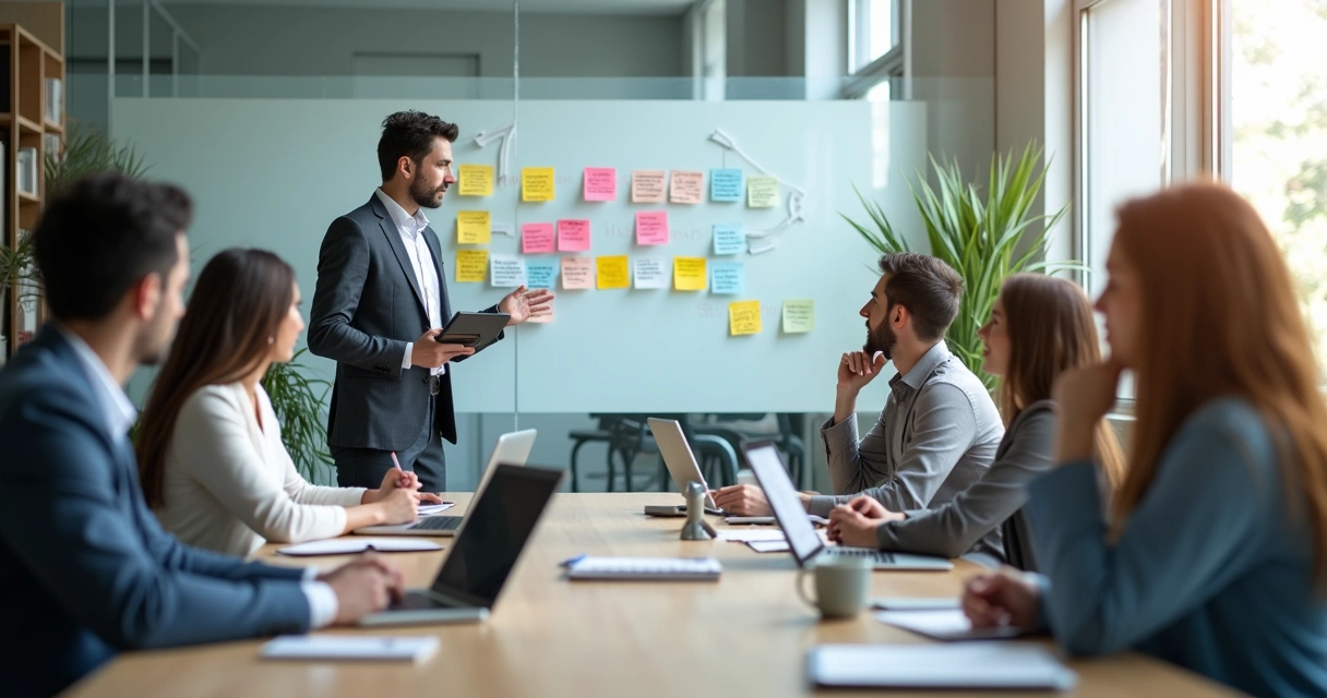 Líder explicando tarefas para equipe em reunião de trabalho 
