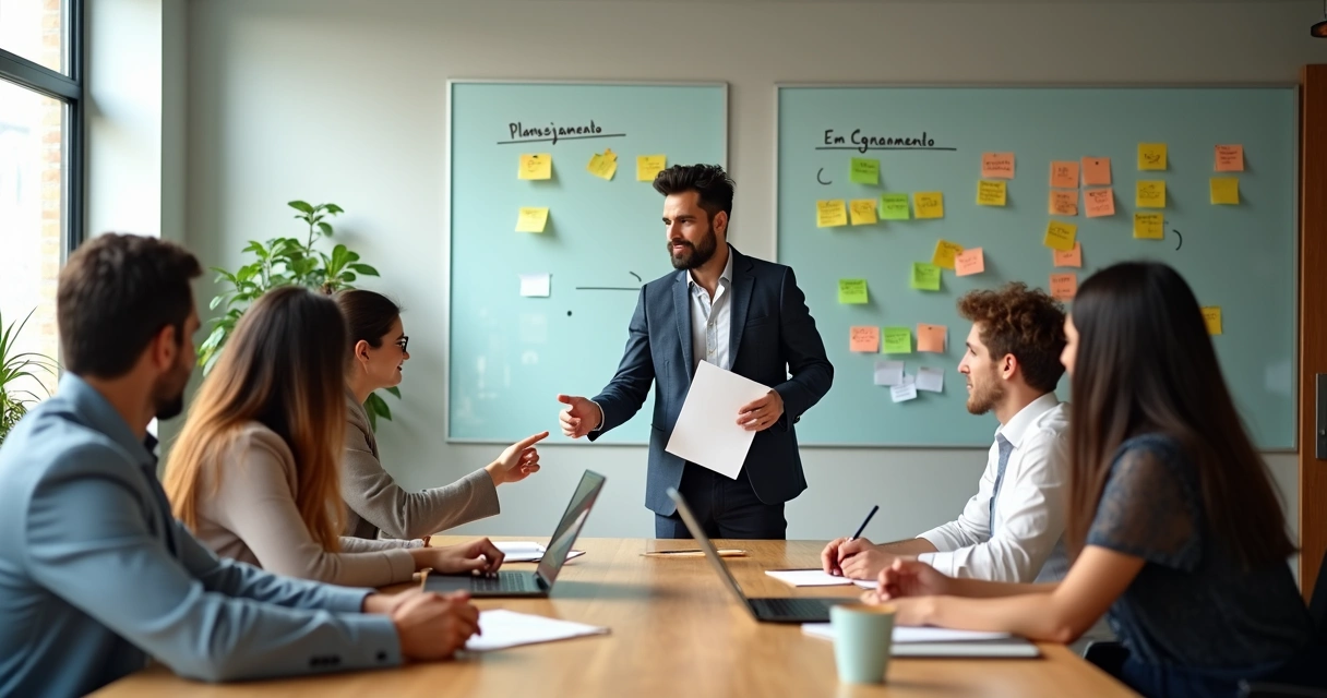 Líder em reunião delegando tarefas para equipe de forma colaborativa 