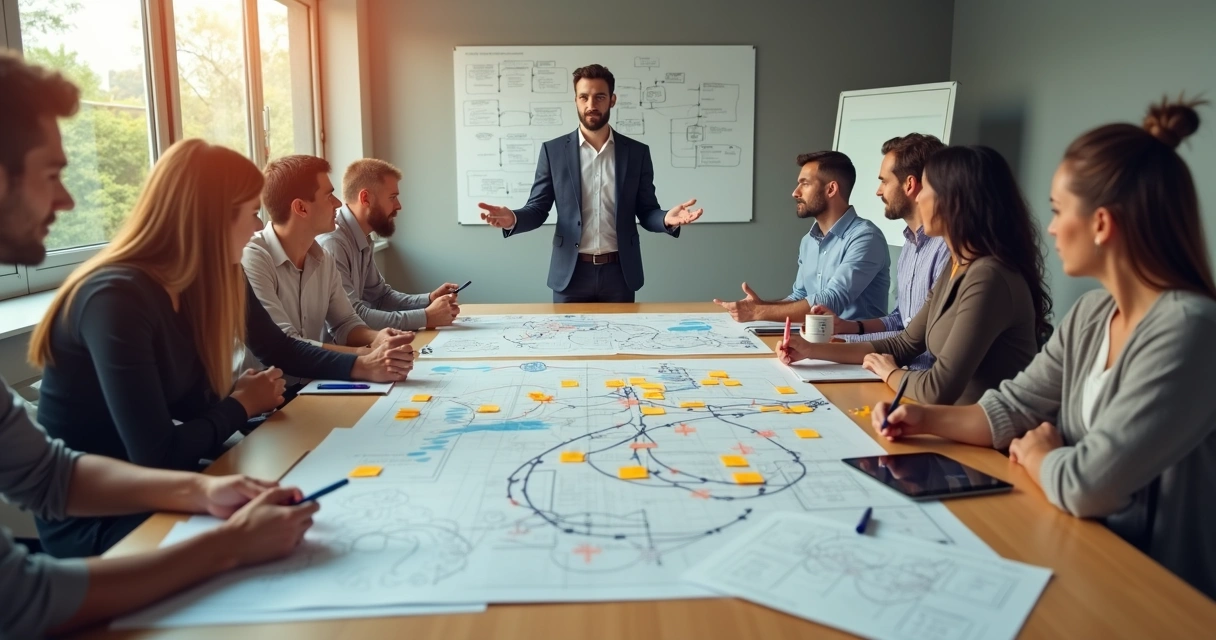 Líder y equipo observan mapas superpuestos en una mesa de trabajo 