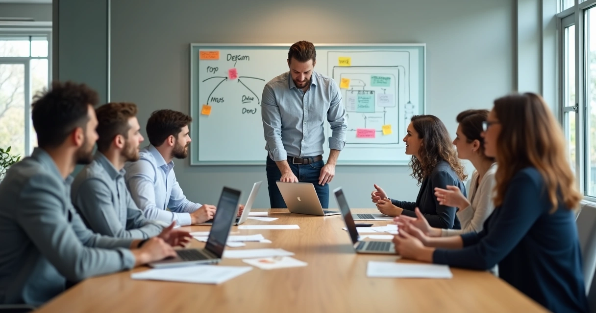 Líder orientando equipe em reunião colaborativa ao redor de mesa de trabalho 