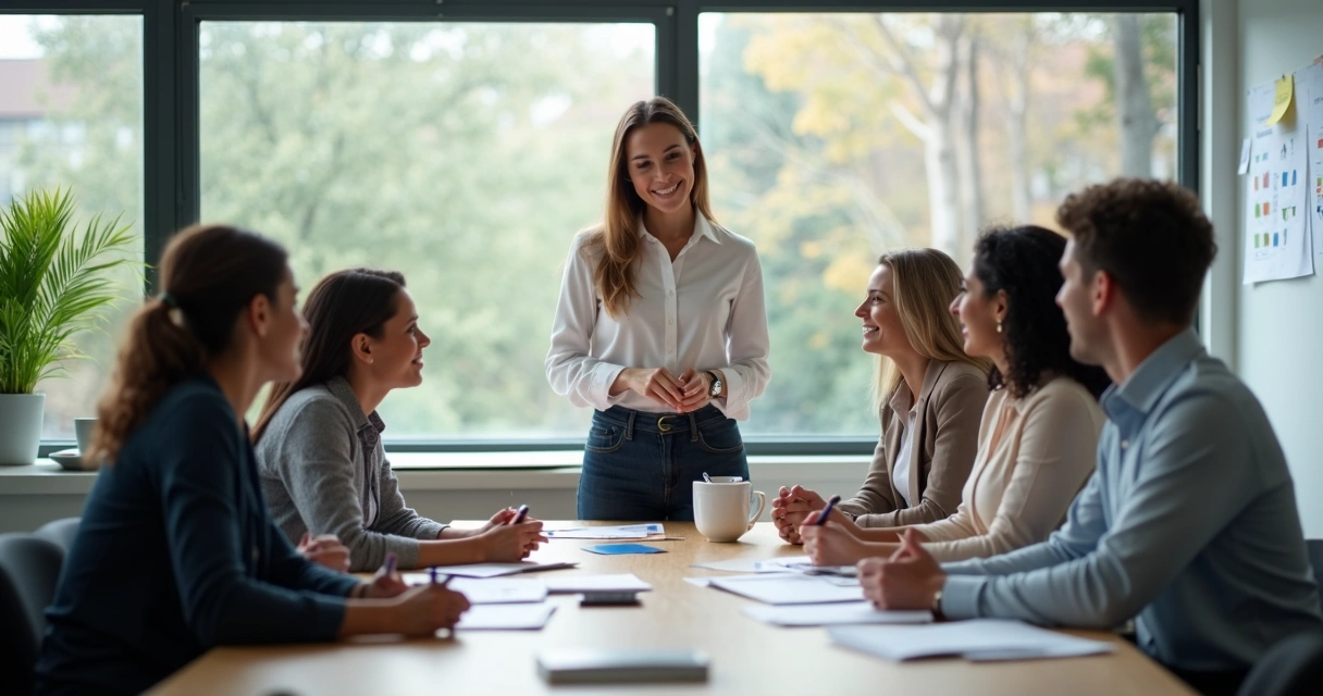 Mulher líder delegando tarefas para equipe em escritório moderno