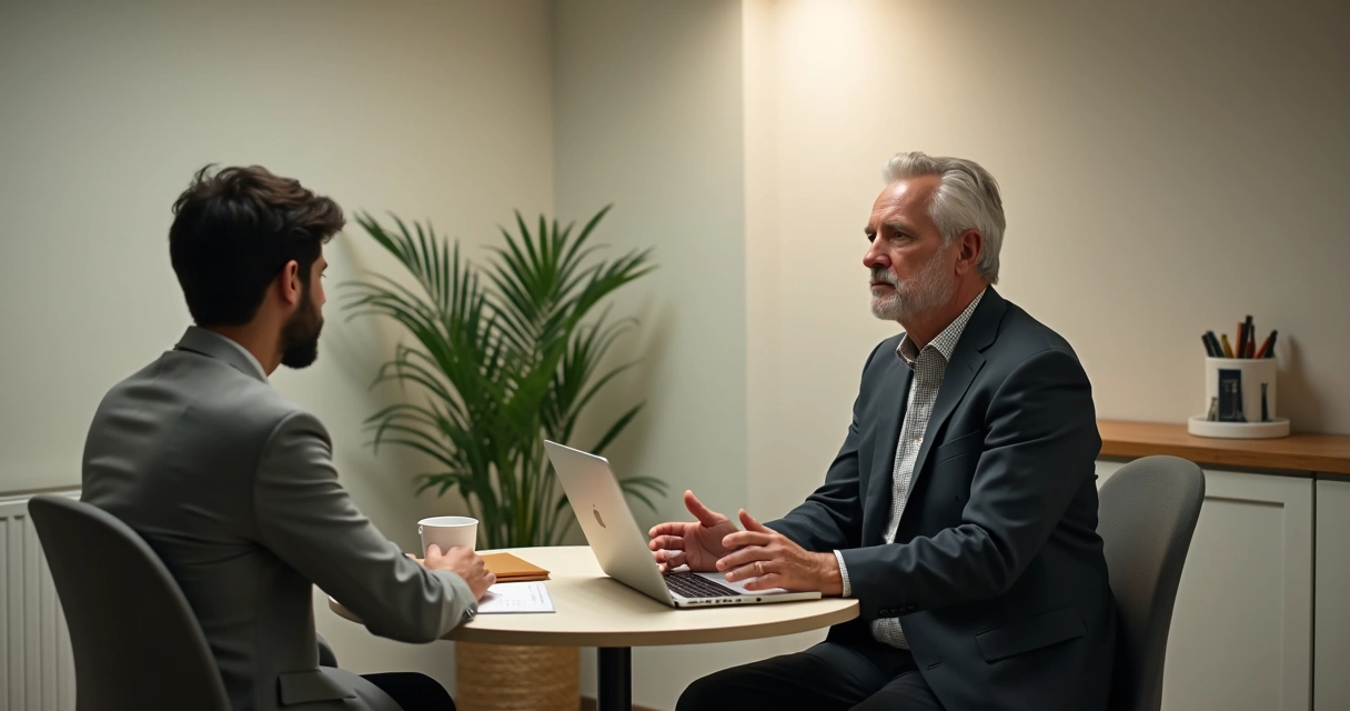 Líder conversando com profissional em sala de reuniões reservada 