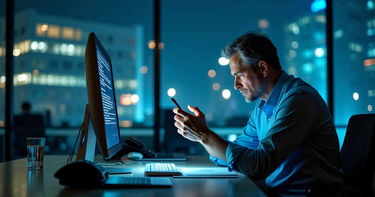 Líder empresarial solo en oficina de noche mirando mensajes en el móvil 