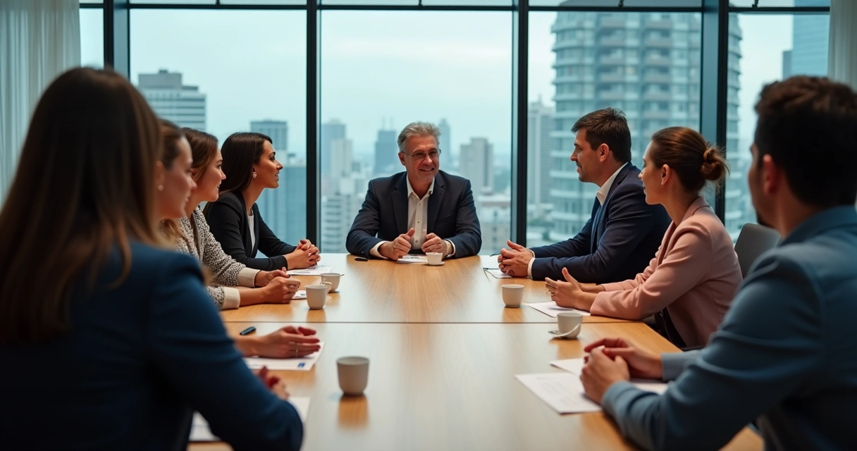Gestor propõe desafio à equipe em sala de reunião 