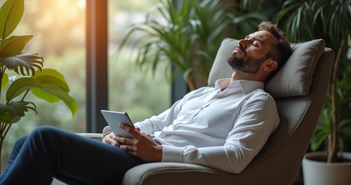 Líder descansando tranquilamente em ambiente relaxante, luz suave ao fundo.