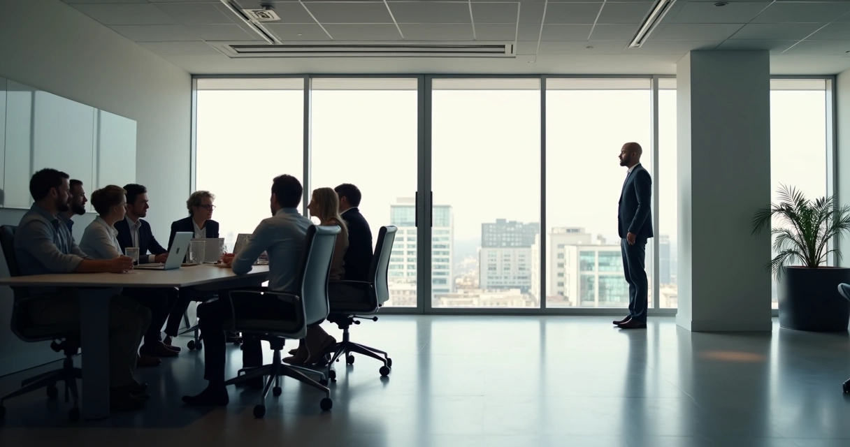 Líder isolado olhando janela enquanto equipe conversa 