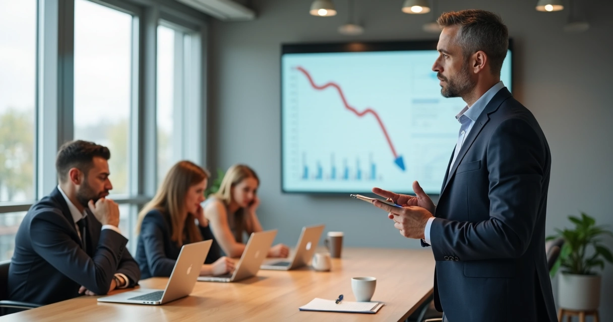 Líder observa a su equipo cansado en una sala de reuniones moderna 
