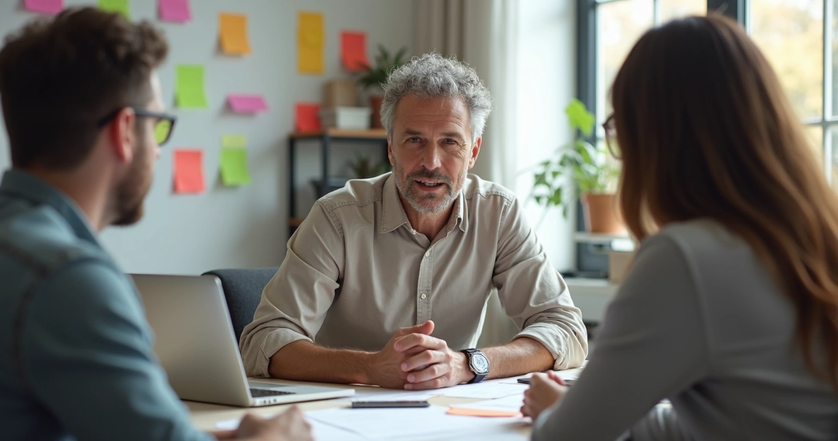 Líder escutando colaboradores em uma reunião informal 