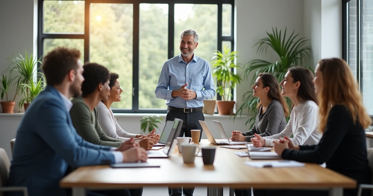 Líder em reunião conversando com equipe em ambiente de trabalho moderno 