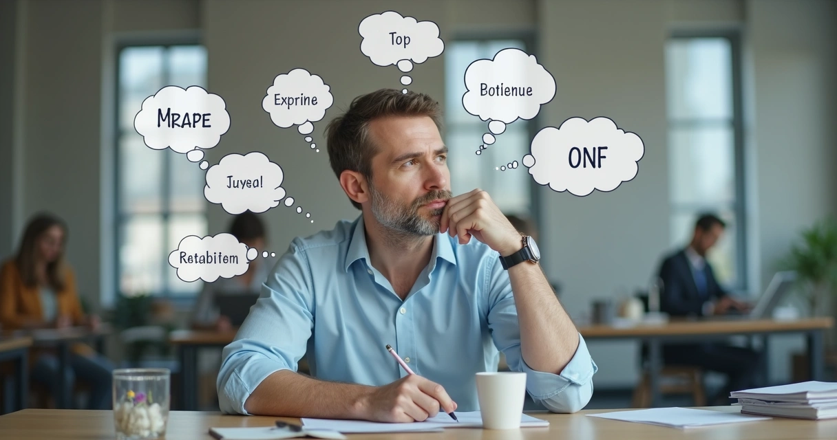 Líder sentado en su escritorio reflexionando, con varias ideas surgiendo en forma de burbujas alrededor de su cabeza 
