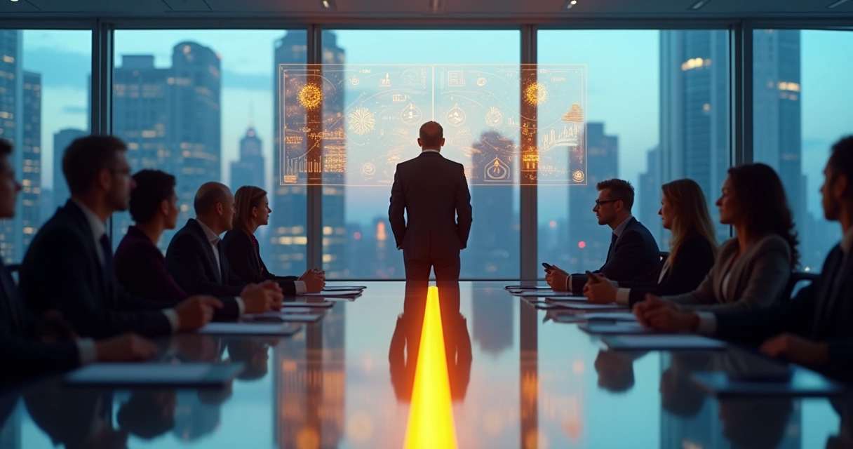 Líder em sala de reunião diante de encruzilhada ética com dois caminhos opostos 