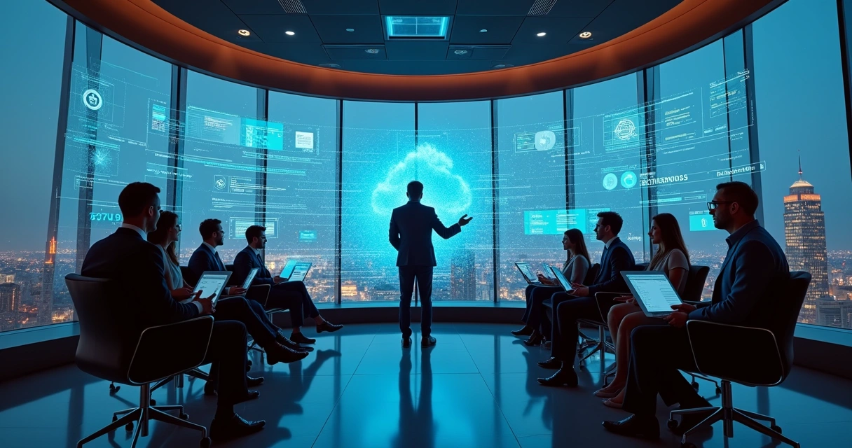 Líder em sala moderna coordenando equipe diante de painéis digitais 