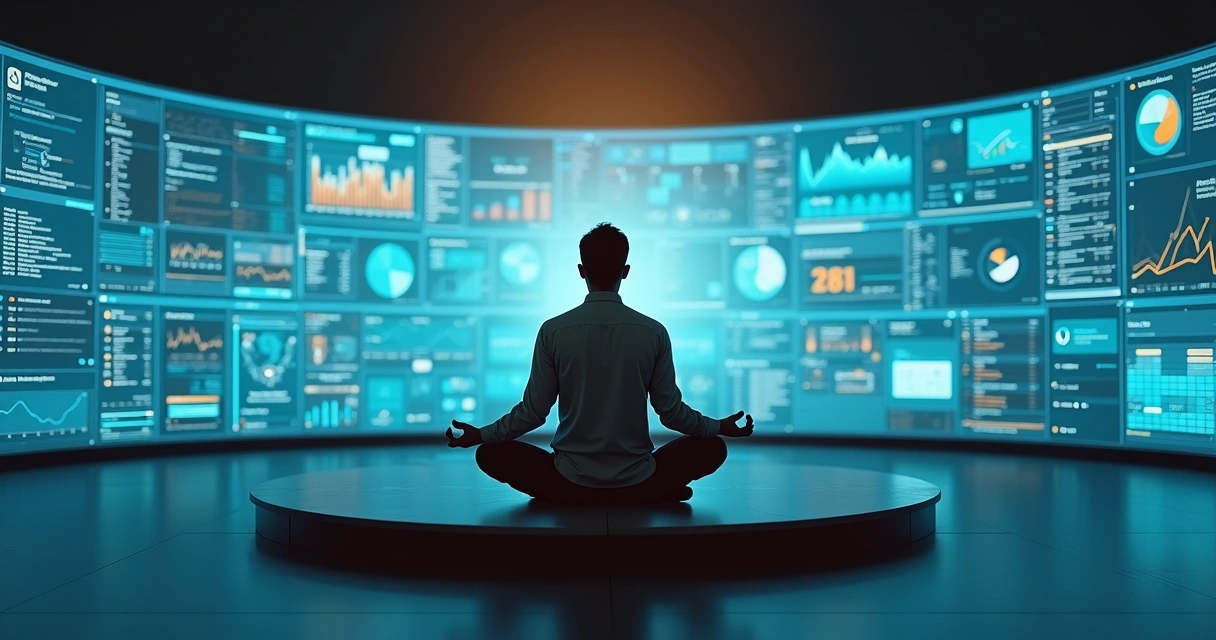Líder sereno meditando em frente a grande parede de painéis digitais 