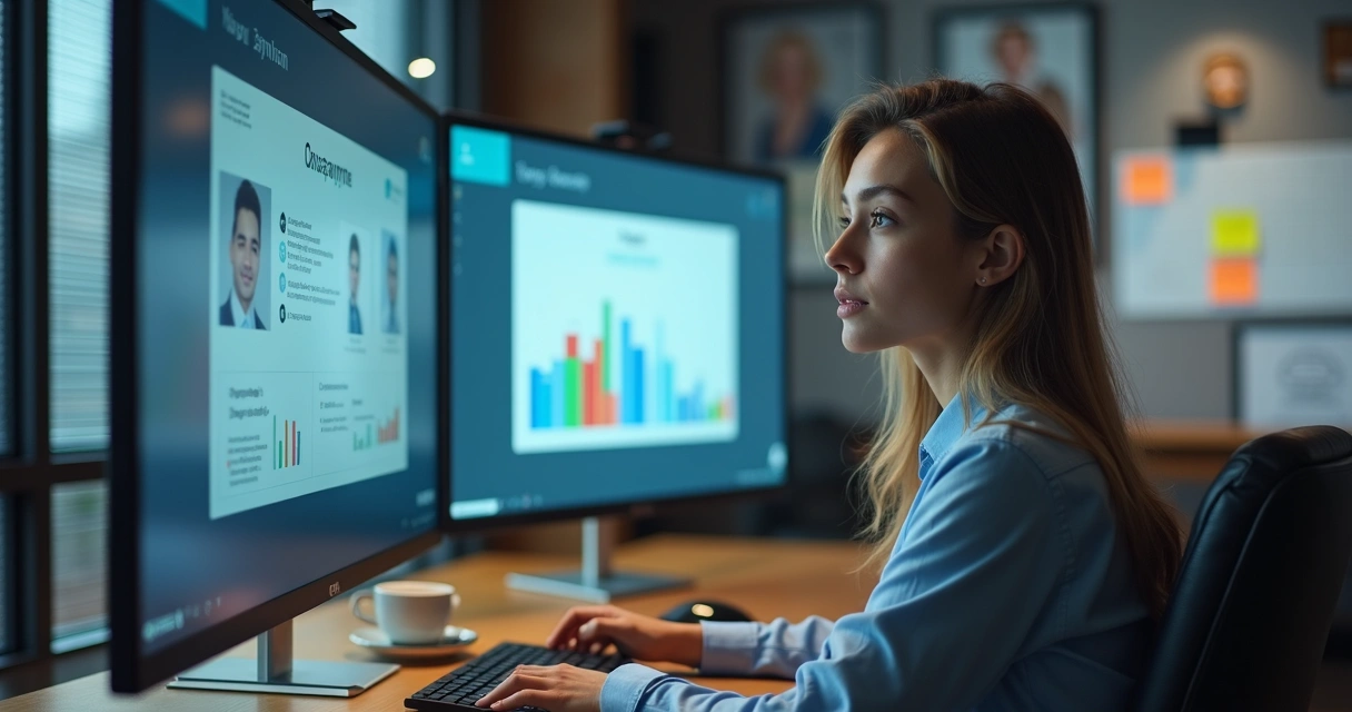 Persona reflexionando frente a pantallas digitales en oficina moderna