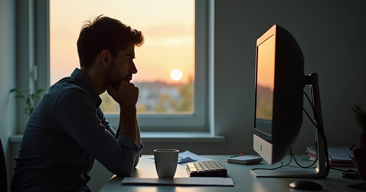 Pessoa sentada olhando para computador com expressão reflexiva e luz suave 