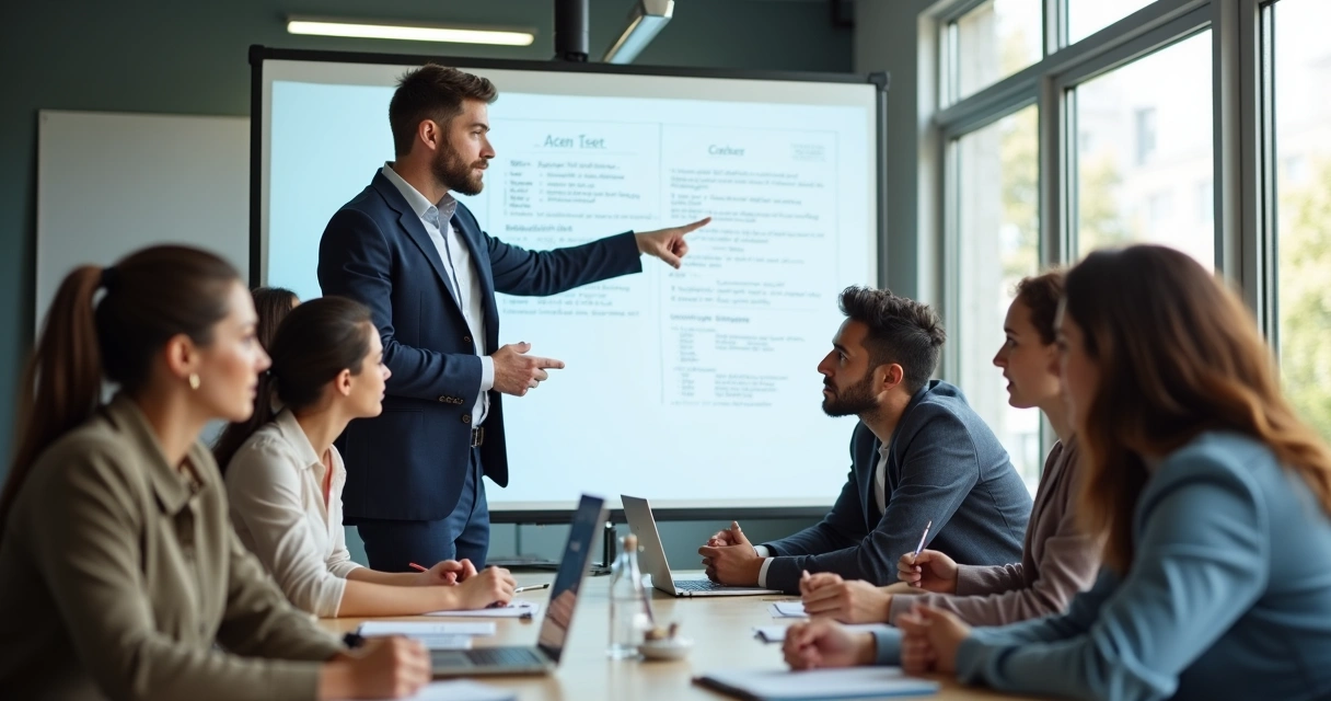 Líder orientando equipe com quadro branco em reunião