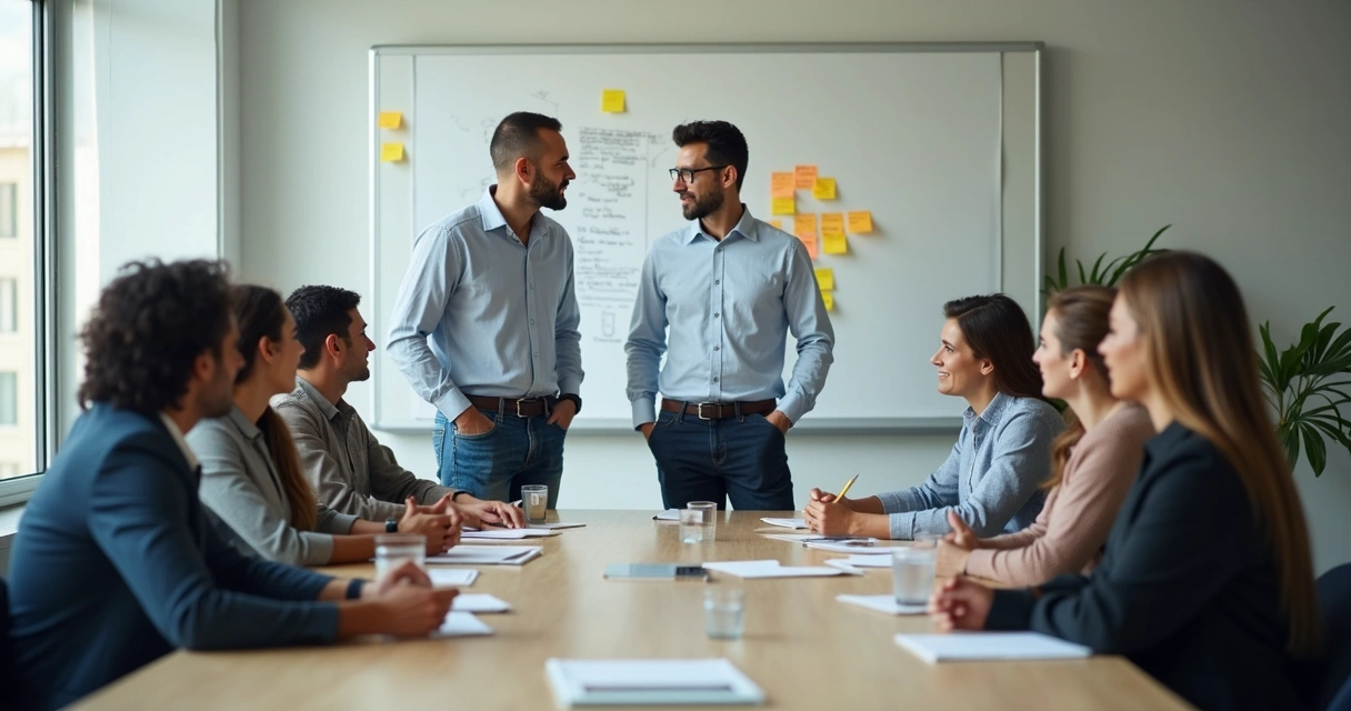 Persona liderando equipo frente a una pizarra en discusión productiva 