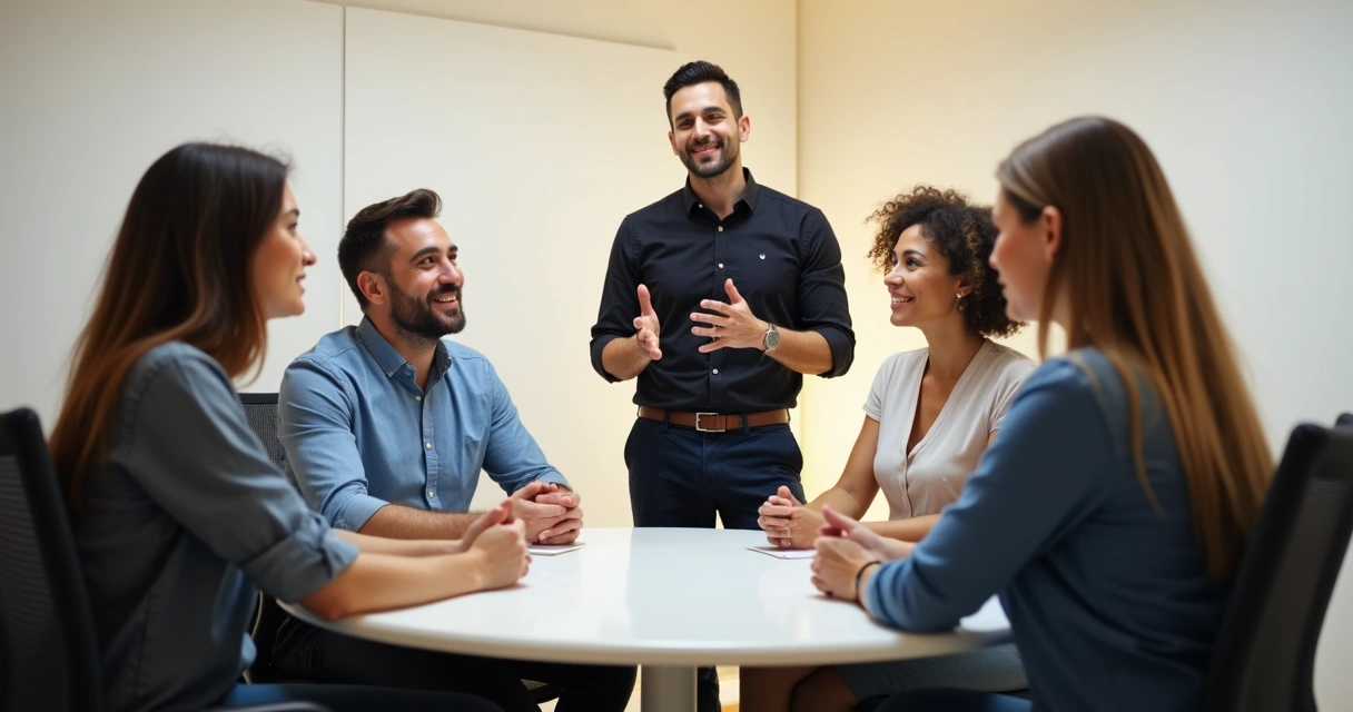 Grupo de trabalho discutindo com líder ao centro 