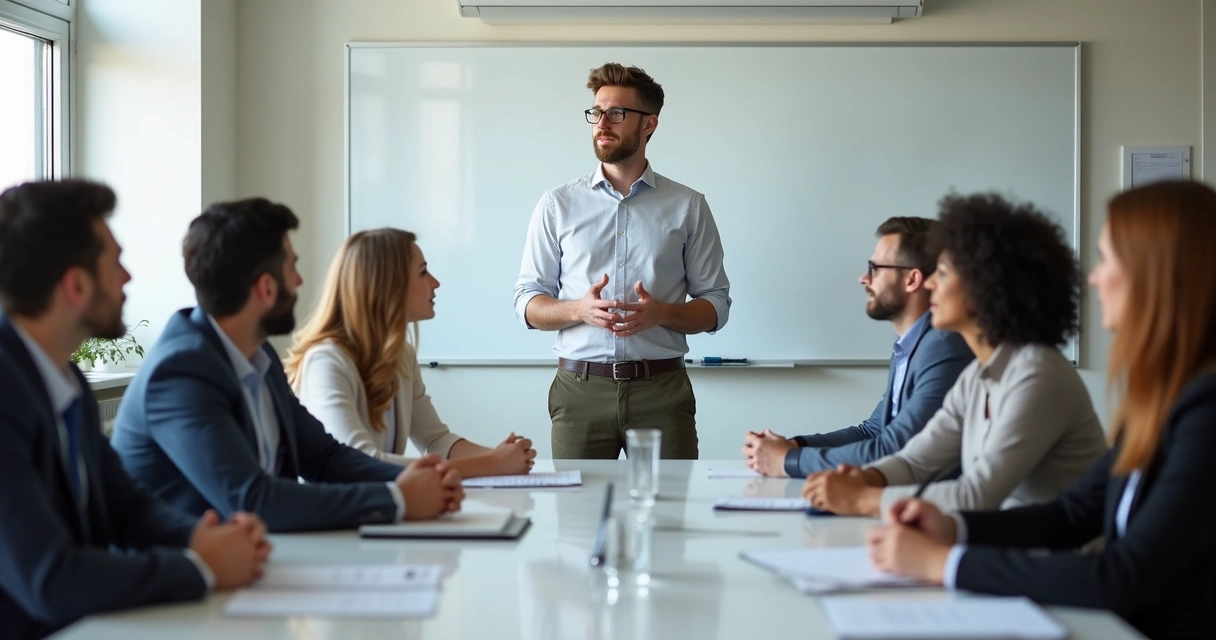 Líder habla con su equipo durante una reunión 