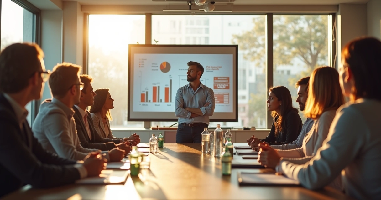 Líder apresenta meta para equipe com quadro de resultados ao fundo.