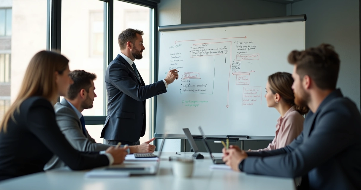 Líder em reunião com equipe, quadro branco com anotações 