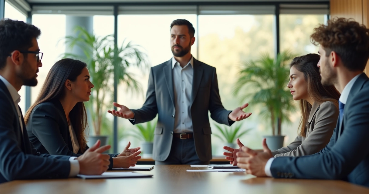 Líder mediando conflito entre dois membros da equipe em sala de reuniões 