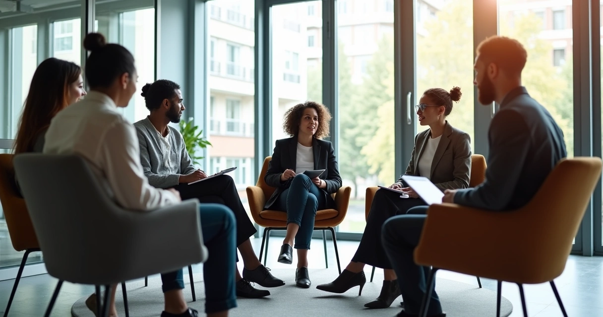 Grupo de líderes sentados em círculo, conversando em reunião informal 