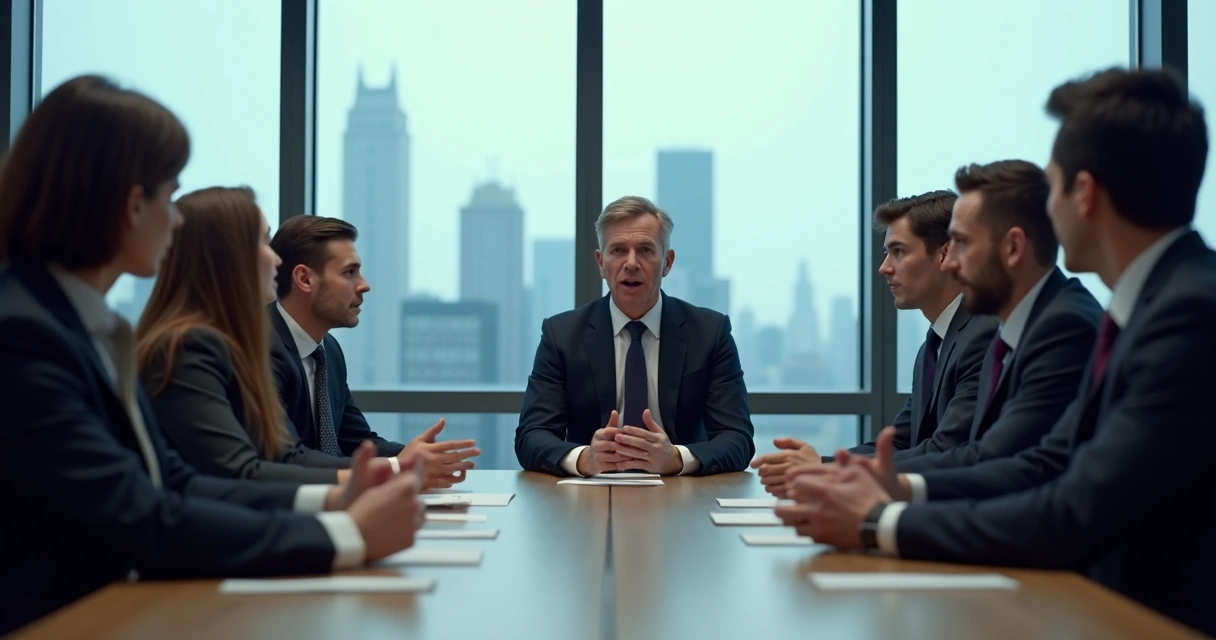 Líder em reunião, discutindo em mesa com equipe em escritório moderno. 