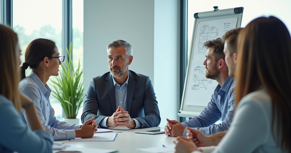 Líder em reunião com equipe, todos atentos à discussão. 